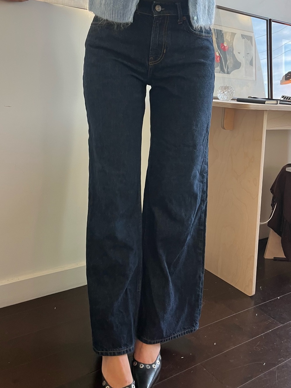Reformation Dark Wash Cary Low Rise Slouchy Wide Leg Jeans, 100% Cotton